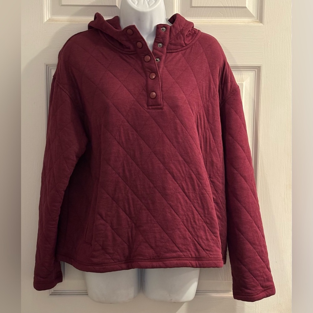 LANDS’ END Like New Burgundy Quilted Snap-Neck Hoodie - Women's L - Picture 2 of 6